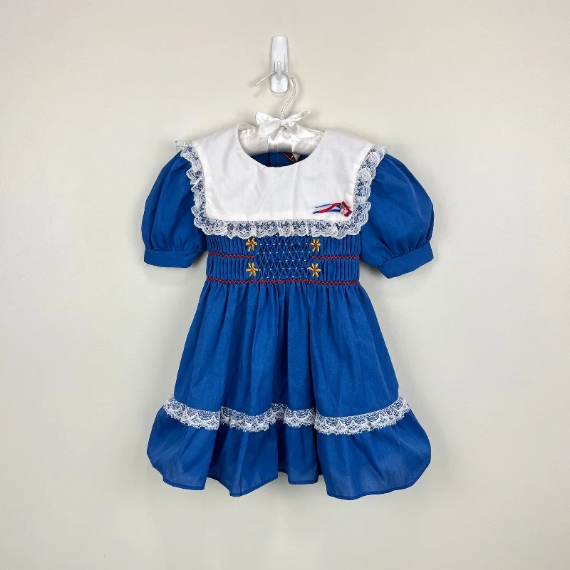 Vintage JM Rags Blue Smocked Ruffle Lace Party Dress 4T sweetheart Neckline Romantic