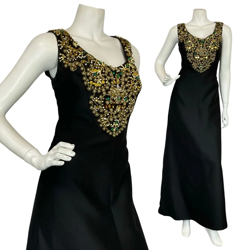 VTG 60S BLACK GOLD PEARL SEQUIN BEADED EMBELLISHED MAXI PARTY DRESS 10 Tunics Spring floral