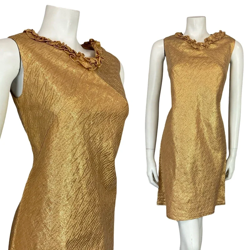 VTG 60S MOD GOLD ZIG ZAG RUFFLE NECK SLEEVELESS MINI SHIFT PARTY DRESS 10 Tunics Chinos classic