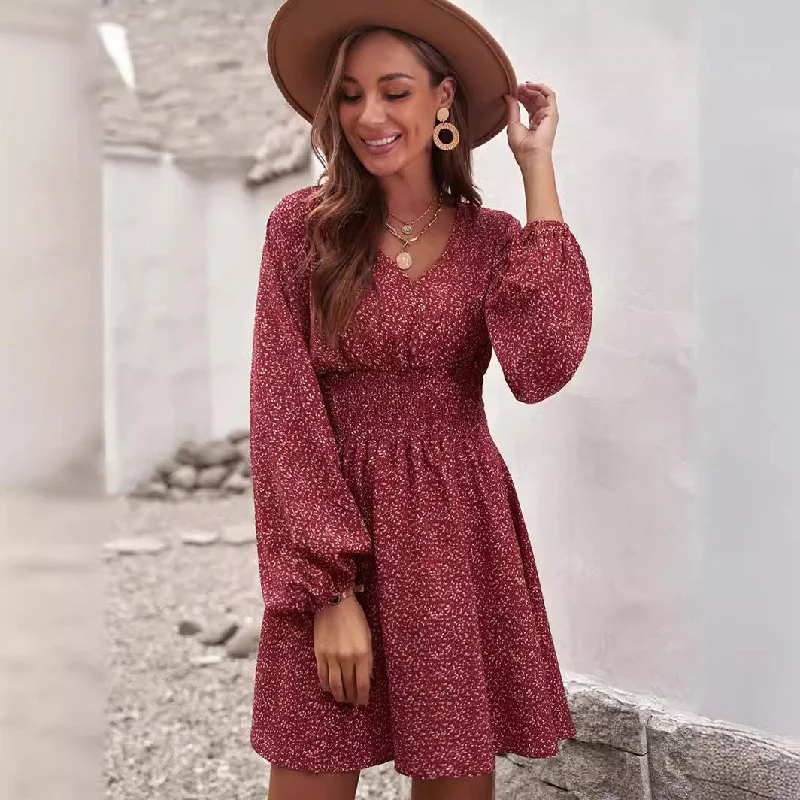 Women V Neck Tunic Dress Casual Loose Flowy Long Sleeves Dress Elastic Waist A-line Floral Swing Shift Dresses linen gown dinner night dress, lioness-love Tunics New arrival