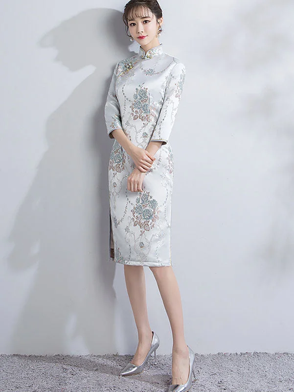 Blue Woven Floral Midi Qipao Cheongsam Party Dress for Winter Tunics Prom sequined